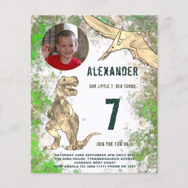 T Rex Jungle Birthday Party Photo Budget Flyer (Front)