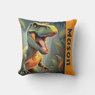 T-Rex Jurassic Dinosaur Grey and Orange Throw Pillow