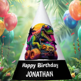 T Rex Monster Truck Happy Birthday Party Hat