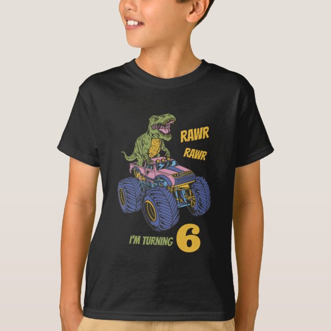 T-Rex Monster Truck Rawr Dinosaur Kids Birthday T-Shirt (Front)