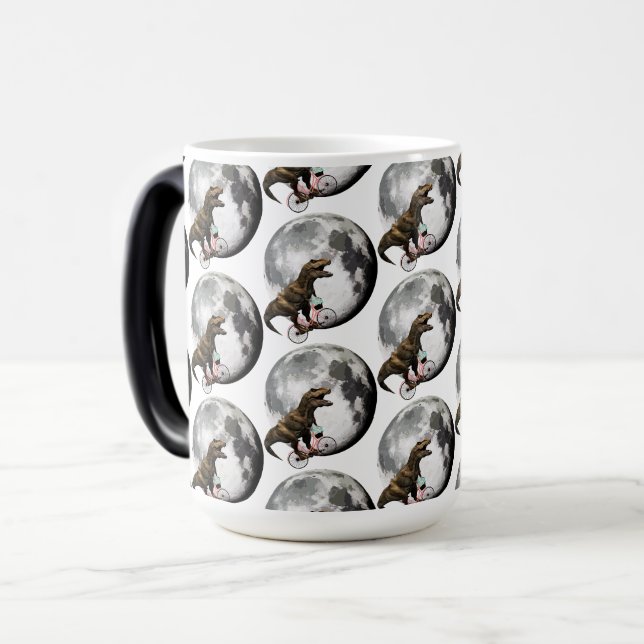 T-Rex on a Bicycle with Roses Circling the Moon Magic Mug (Front Left)
