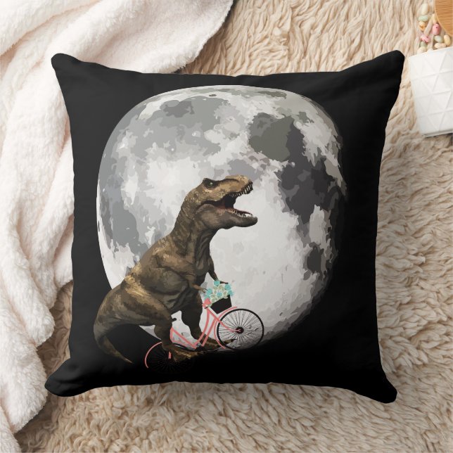 T-Rex on a Bicycle with Roses Circling the Moon Throw Pillow (Blanket)