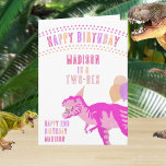 T-Rex Pink Any Age Dinosaur Happy Birthday Card<br><div class="desc">This colourful dinosaur Happy Birthday card is ready to be personalized for your child, your grandchild or nieces etc. On the front, HAPPY BIRTHDAY in a colourful arch of colourful letters is followed by space to add the child's name in hot pink and their dinosaur age (ONEASAURUS, TWO-REX, THREE-REX, DINO...</div>