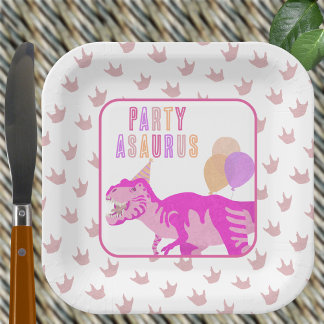 T-Rex Pink Cute Jurassic Dinosaur Birthday Party Paper Plate