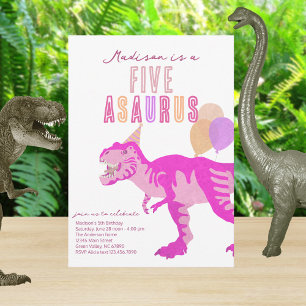 T-Rex Pink Five Asaurus Any Age Birthday Party Invitation