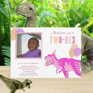 T-Rex Pink Photo Two-Rex Cute 2nd Birthday Party Invitation