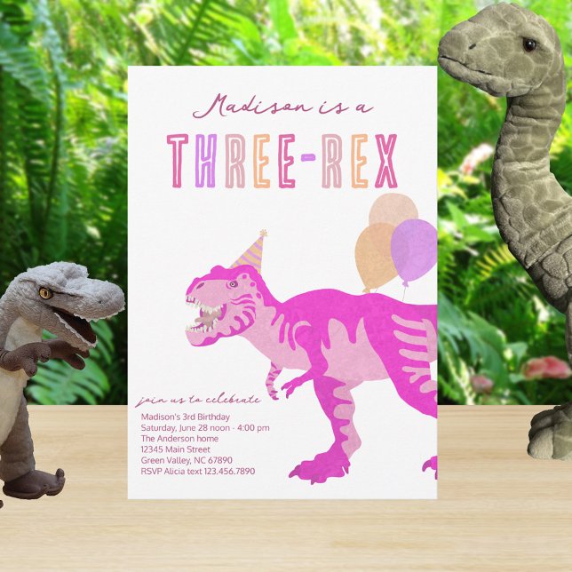 T-Rex Pink Three-Rex Dino Third 3rd Birthday Invitation (Easy to personalize for your pink dinosaur birthday party theme)