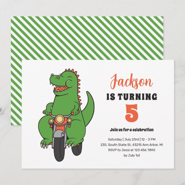 T-Rex Riding Bike Cute Kids Dinosaur Birthday Invitation (Front/Back)