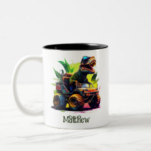 T-Rex Riding Monster Truck Dinosaur Name Two-Tone Coffee Mug