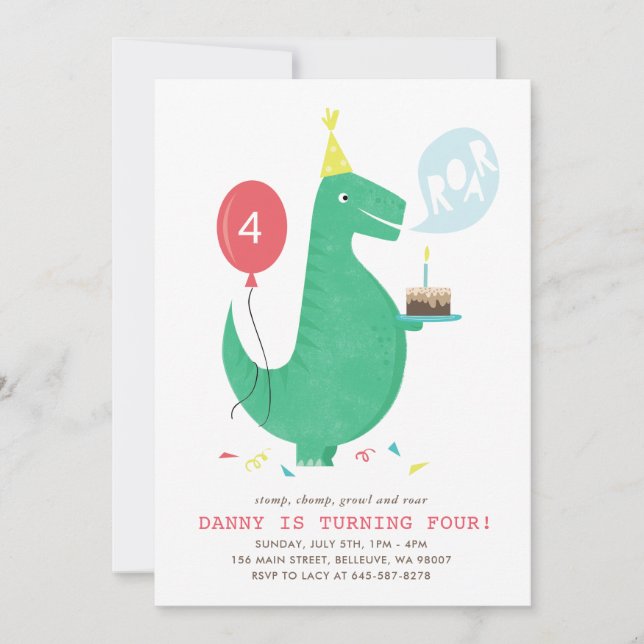 T Rex Roar Birthday party invitation (Front)
