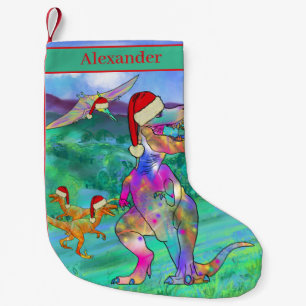 T rex Santa Dinosaurs Colorful Kids Name Small Christmas Stocking