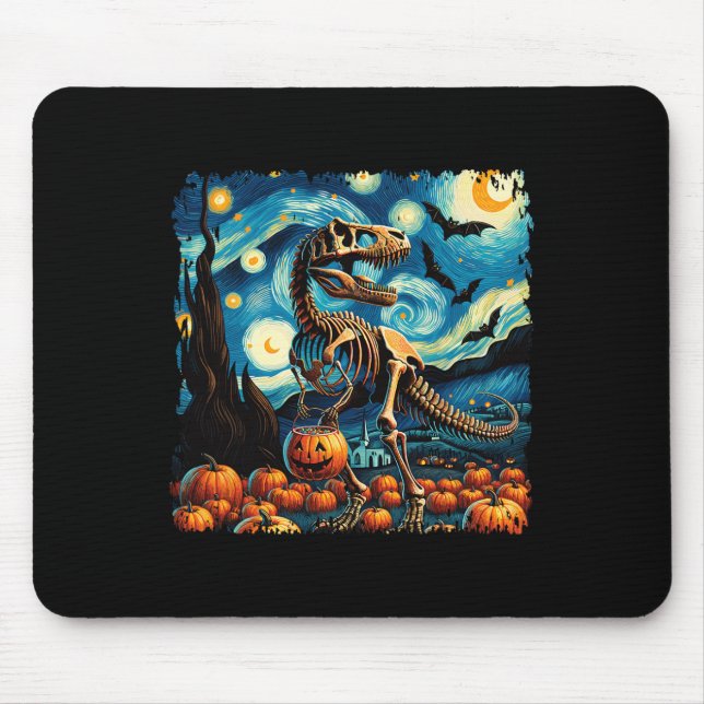 T-rex Skeleton Halloween Van Gogh Starry Night Fal Mouse Pad (Front)