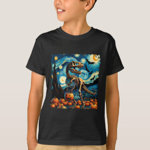 T-rex Skeleton Halloween Van Gogh Starry Night Fal T-Shirt
