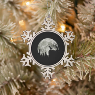  T Rex Standing On Mountain Moonlight Halloween Snowflake Pewter Christmas Ornament