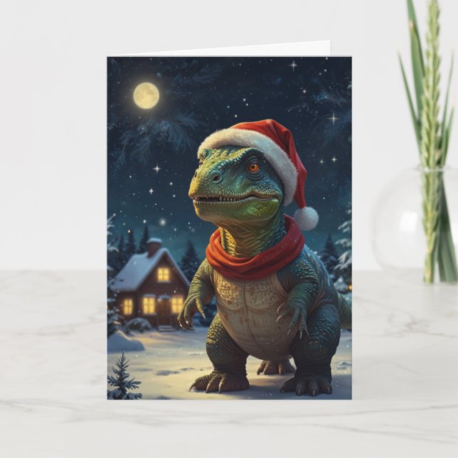 T-Rex Starry Night Dinosaur Christmas Custom Text Card (Front)