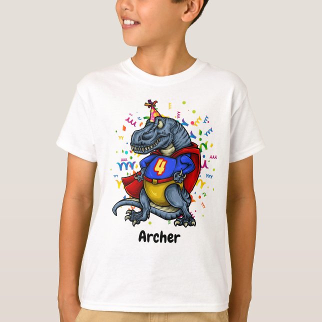 T-Rex Superhero 4th Birthday T-Shirt (Front)