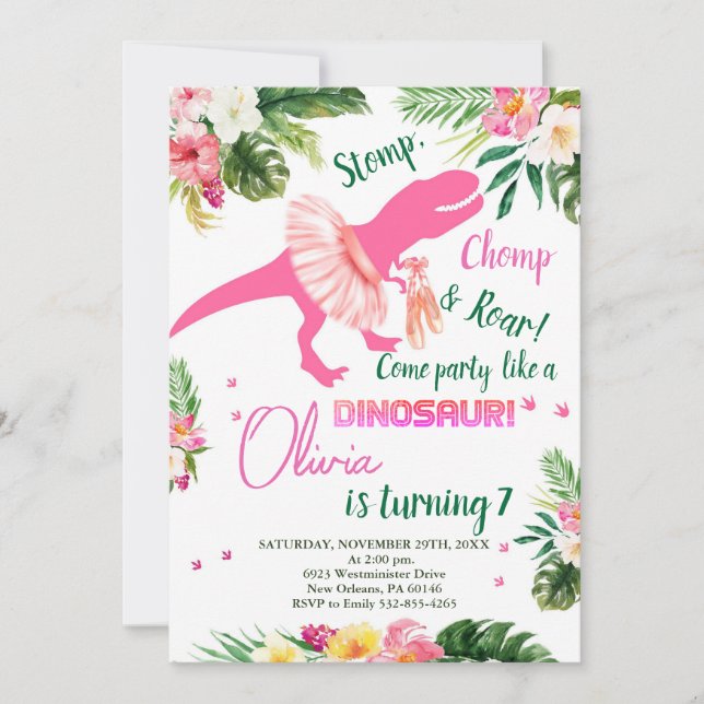 T-Rex Tutus Invitation Anniversaire, Tutus Rose No (Devant)