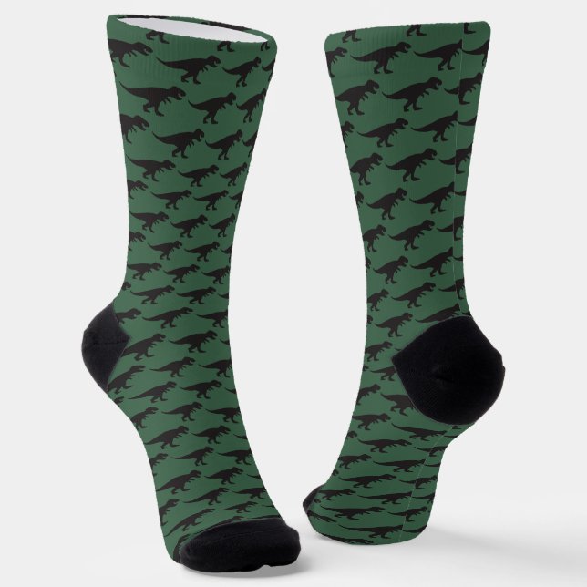 T-Rex Tyranosaurus King Dinosaur Black Green Socks (Angled)