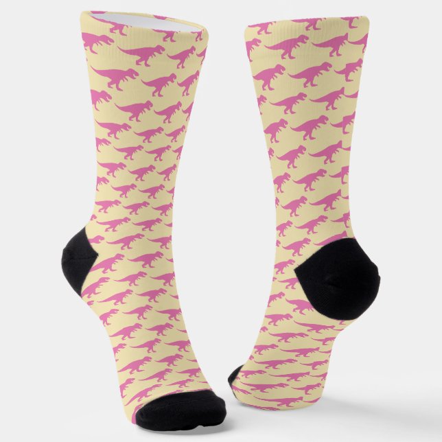 T-Rex Tyranosaurus Queen Dinosaur Fun Pink Yellow Socks (Angled)
