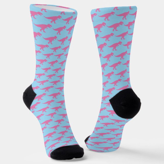 T-Rex Tyranosaurus Queen Dinosaur Pink Blue Fun Socks (Angled)