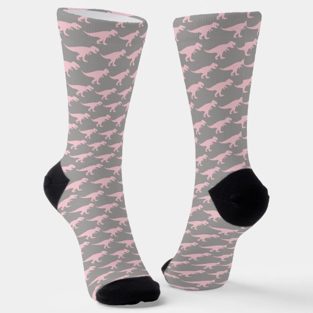 T-Rex Tyranosaurus Queen Dinosaur Pink Grey Fun Socks (Angled)