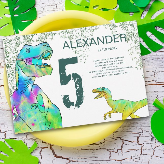 T-Rex Velociraptor Dinosaur 5th Birthday Party Invitation (T-Rex and velociraptor dinosaur 5th birthday party invitation  Jurassic jungle watercolor foliage)