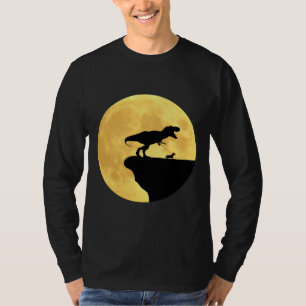 T Rex Walking A Dachshund In Front Of Yellow Moon T-Shirt