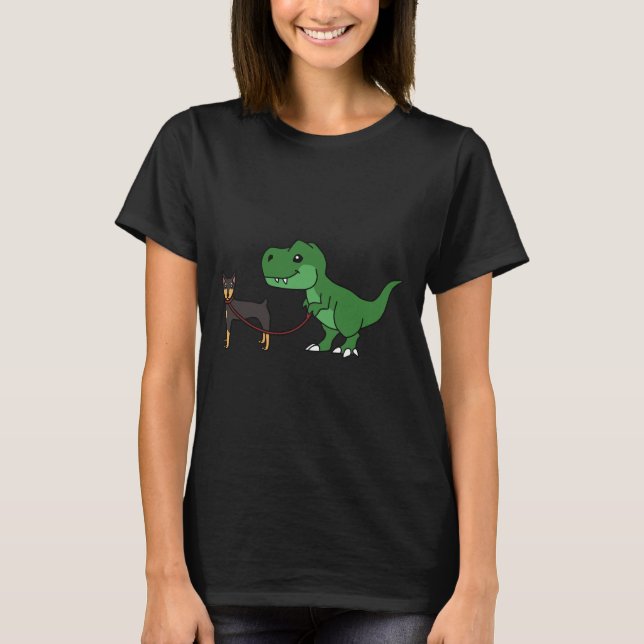 T Rex Walking Doberman T-Shirt (Front)