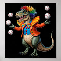 T-rex wearing clown outfit and juggling baseballs