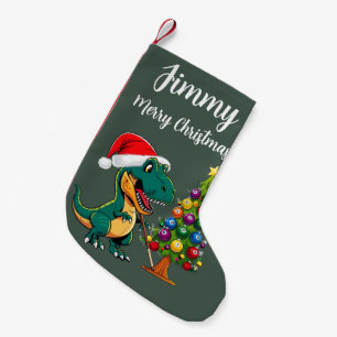 T-rex wearing santa hat billiard green small christmas stocking