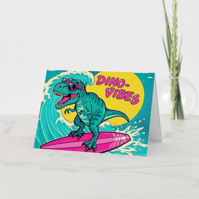 T-Rex wearing sunglasses and riding a neon pink Foil Greeting Card (Front)
