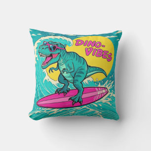 T-Rex wearing sunglasses and riding a neon pink Throw Pillow