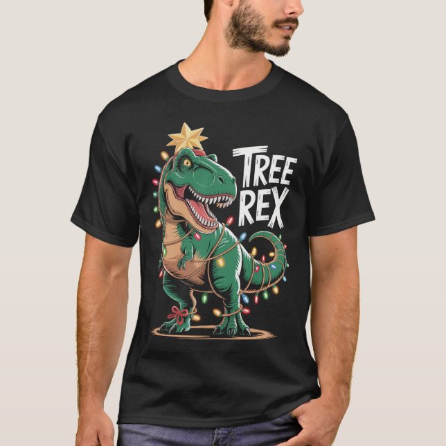 T-Rex Xmas Shirt – Dinosaur with String Lights (Front)