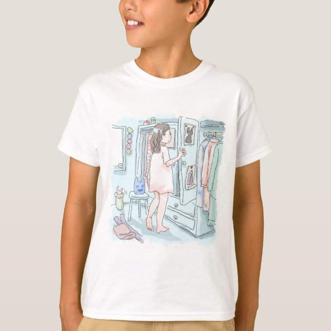 T-SHIRT さにしにじ　水色のお部屋でクローゼットを開けて身支度をする眠そうな寝起きの女性のイラスト (Devant)