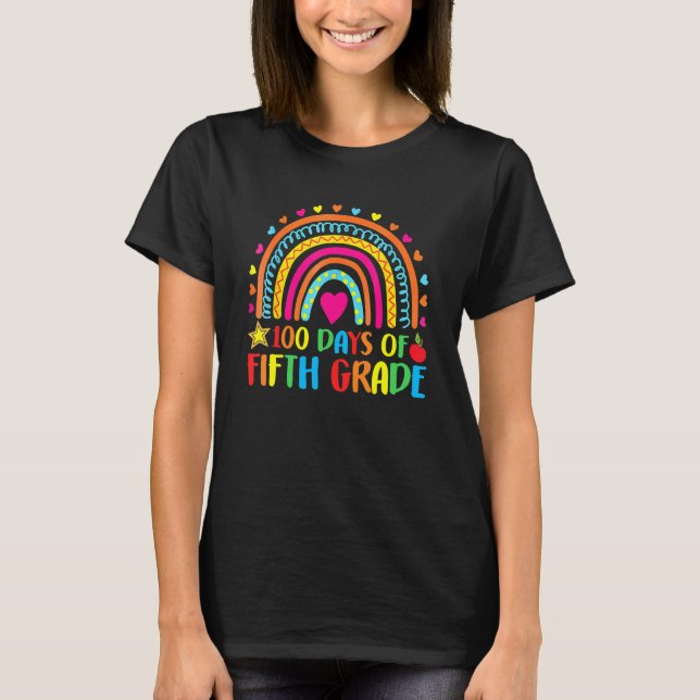 T-shirt 100 Days Of Fifth Grade Leopard Rainbow 100th Day  (Devant)