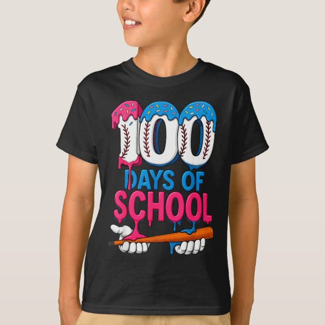 T-shirt 100 Days Of School Baseball Drip Bat 100th Day Of  (Devant)