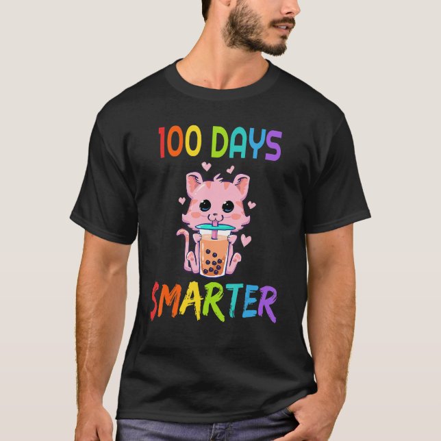T-shirt 100 Days Smarter 100th Day Of School Cat Boba Tea  (Devant)