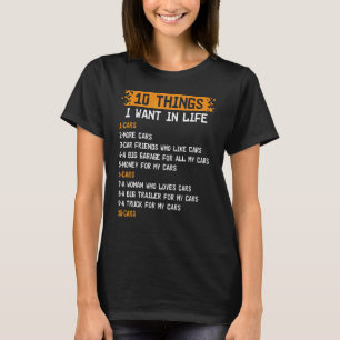 T-shirt 10 choses que je veux dans ma vie voitures plus vo