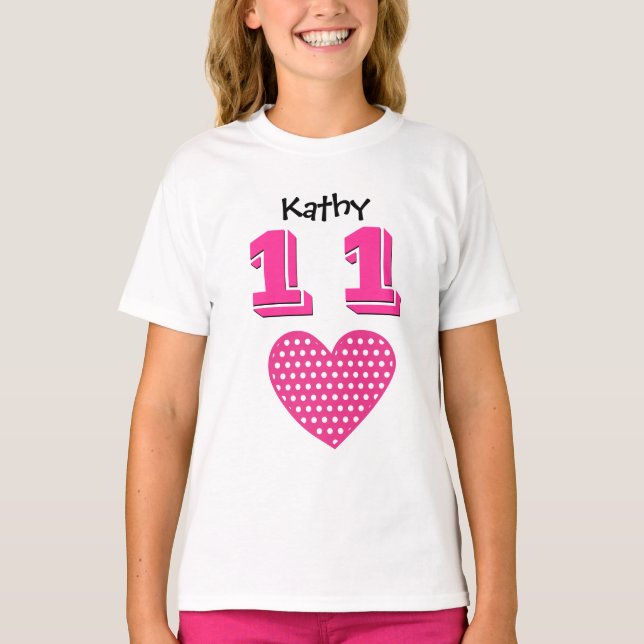 T-shirt 11e anniversaire fille grand coeur Nom personnalis (Devant)