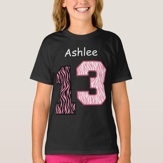 T-shirt 13e anniversaire Pink Zebra Nom personnalisé V024 (Devant)