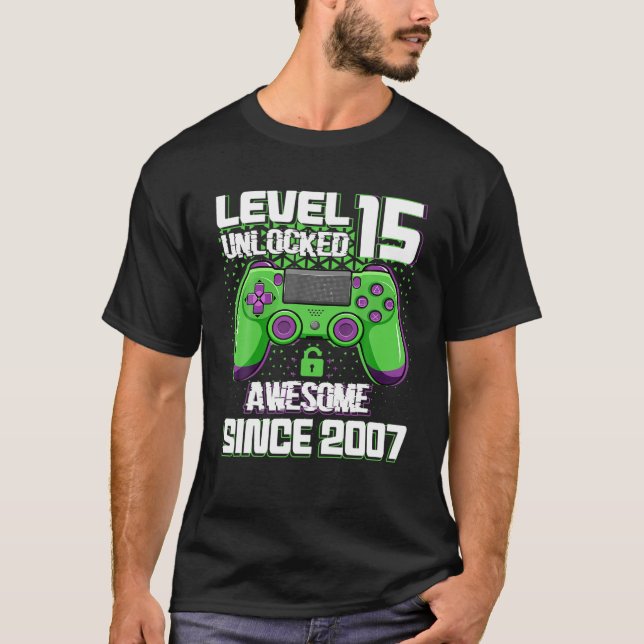 T-shirt 15 Ans Vieux Cadeau Garçon Niveau 15 Déverrouillé  (Devant)