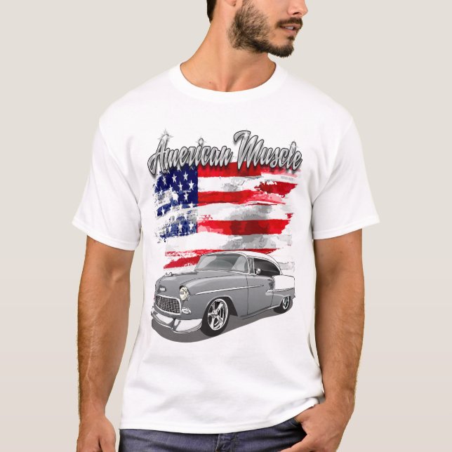 T-shirt 1955 Silver Grey and White Bel Air American Muscle (Devant)