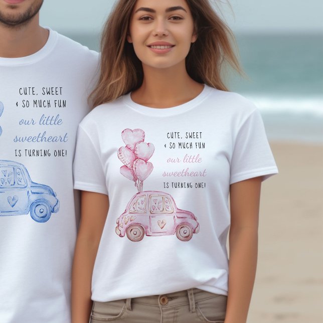 T-shirt 1er anniversaire Valentine Pink Balloons et voitur (First Birthday Parent T-shirts - from my Car and Balloons Valentine Birthday Collection)