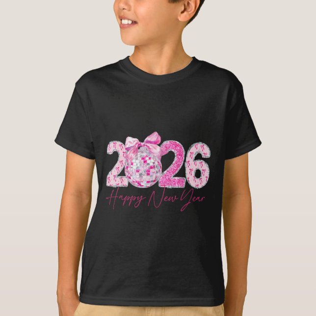 T-shirt 2026 Happy New Year Bow Patch Disco Ball  (Devant)