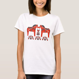 T-shirt 2 Chevaux folk Dala, delft rouge/blanc Cheval folk