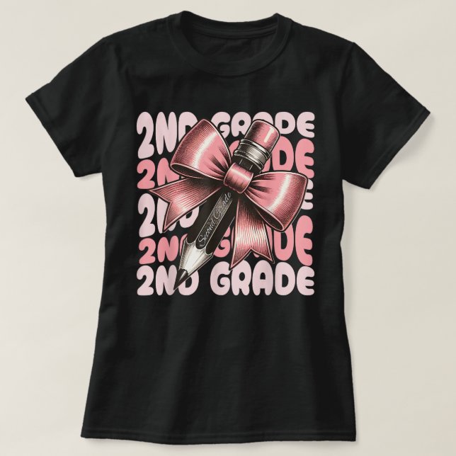 T-shirt 2nd Grade Teacher Pencil Coquette Bow (Design devant)