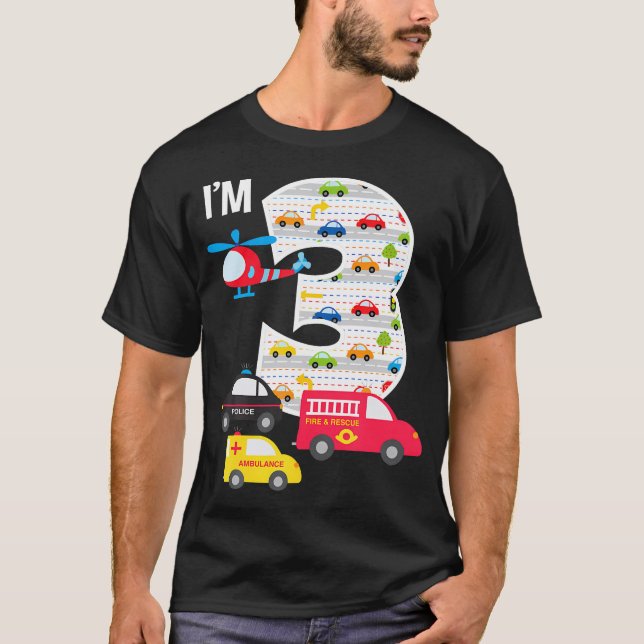T-shirt 3E Anniversaire Camion de police de pompiers voitu (Devant)