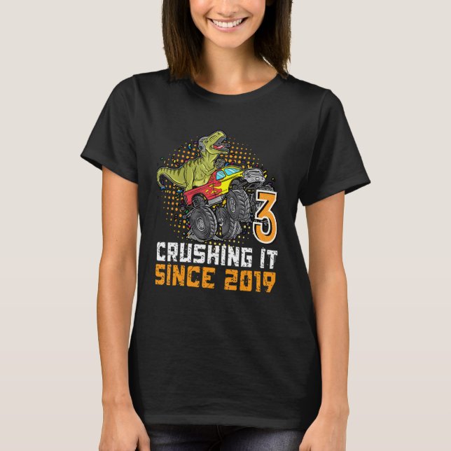 T-shirt 3e anniversaire dinosaure monstre camion Crushing  (Devant)