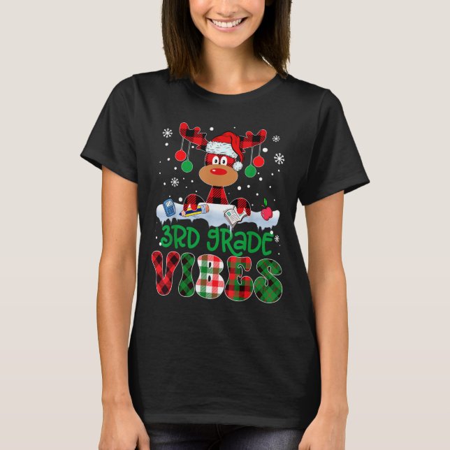 T-shirt 3rd Grade Vibes Teacher Buffalo Red Plaid Reindeer (Devant)