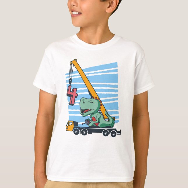 T-shirt 4 ans 4Anniversaire grue mobile Dinosaur (Devant)